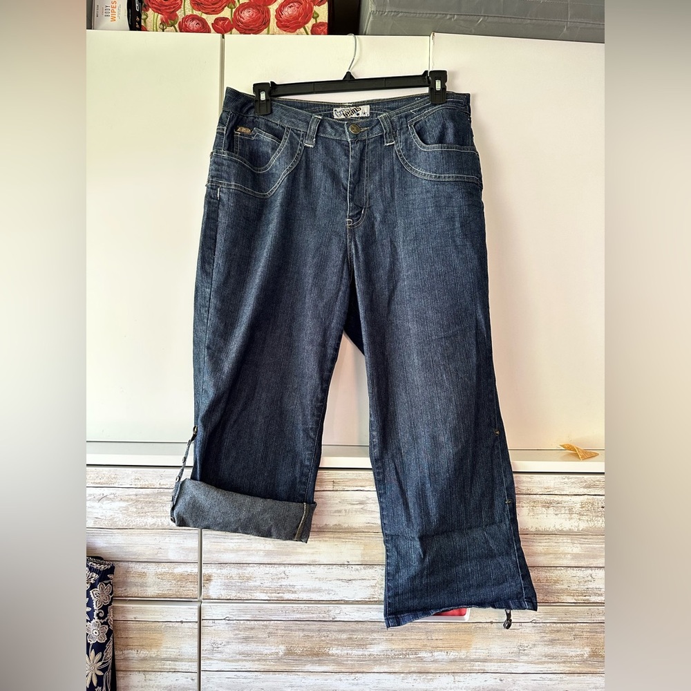 👖 Crest Jeans Capri Roll Tab Denim Blue Y2K Wide Leg 15/16